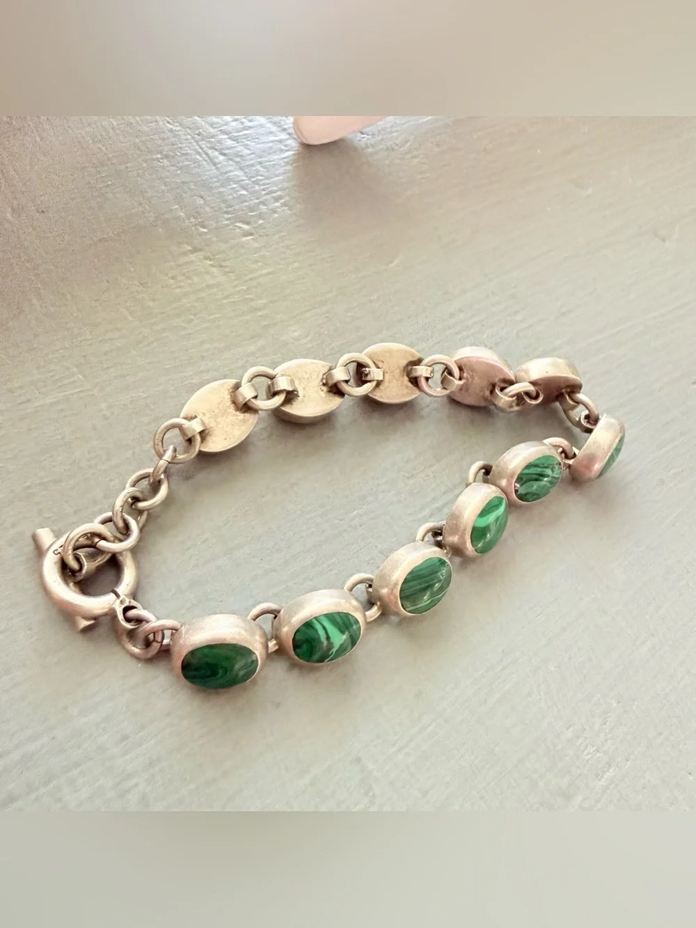 Mexico 925 Sterling Silver Green Malachite Silver Link Bracelet
